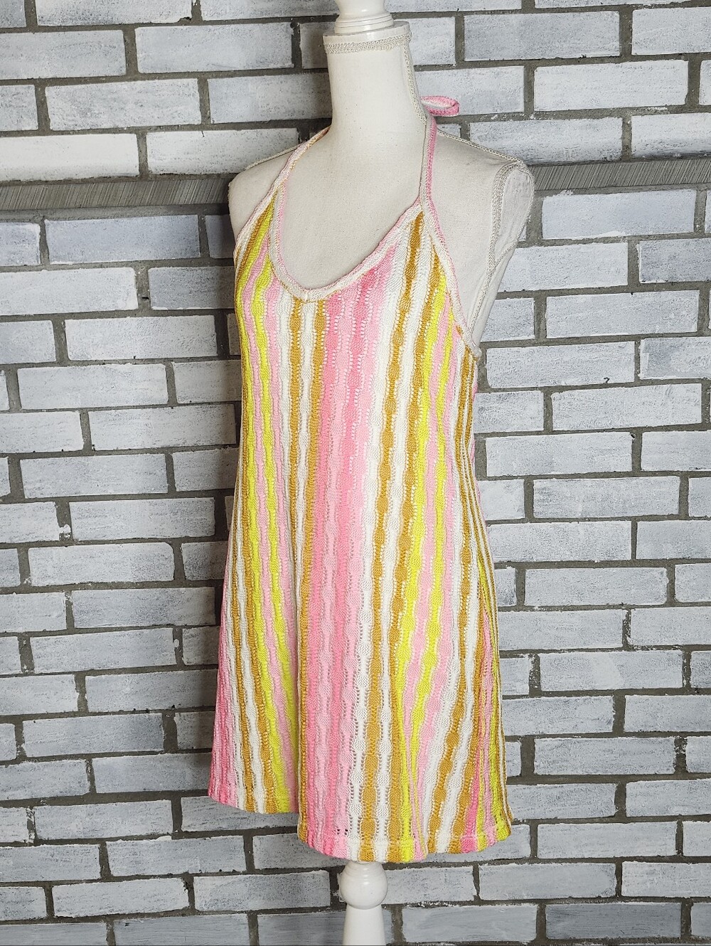 • Wild Fable Sleeveless Halter Striped Crochet Mini Dress Small Pink Multicolor